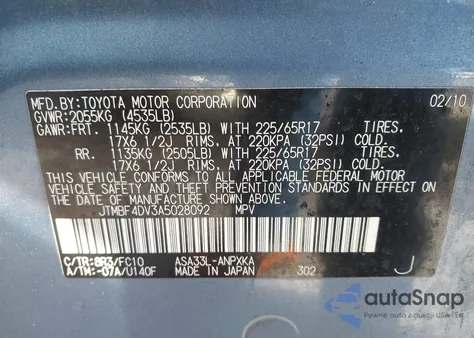 2010 Toyota Rav4 z USA, uszkodzony, nr VIN JTMBF4DV3A5028092